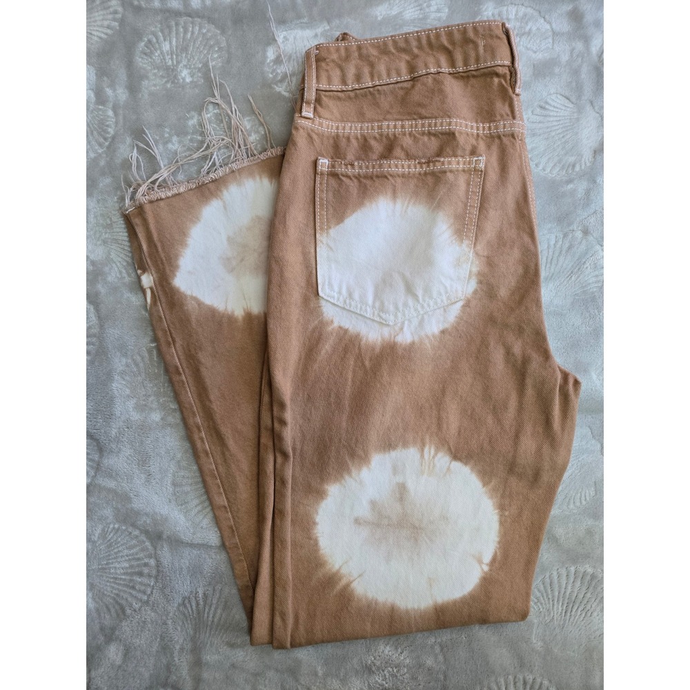 PacSun Tan Tie Dye Straight Leg Jeans Frayed Hem Brown White Bullseye